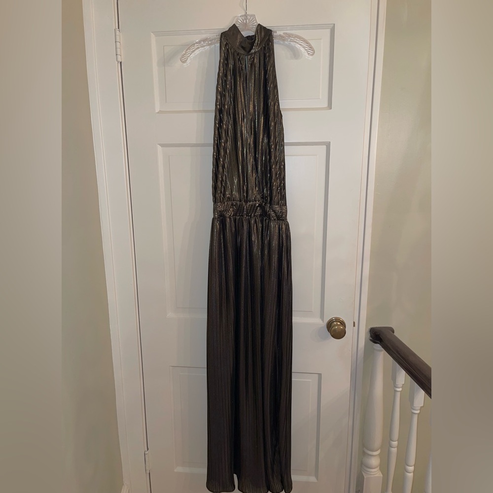 Torn by Ronny Kobo Metallic Olive Halter Maxi Dress